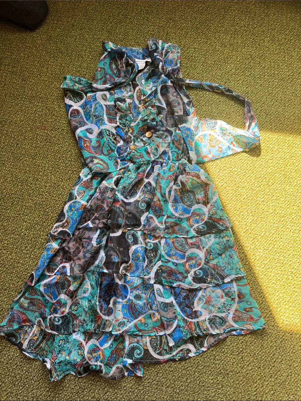 Arc & Co Sheer Multicolor Dress with Neck Tie and Gold Buttons Sz S